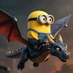 a minion from despicable me riding a dragon, dramatic lighting, cinematic, establishing shot, extremely high detail, photo realistic, cinematic lighting, post processed, concept art, artstation, matte painting, style by eddie mendoza, raphael lacoste, alex ross