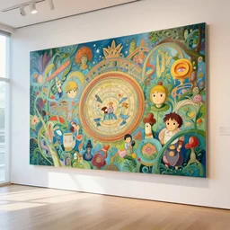 a modern art gallery, natural lighting, playful color scheme, intricate details, matte painting, illustration, by hayao miyazaki