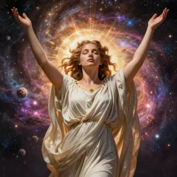 ancient greek girl in ecstasy surrounded by the cosmos, photorealistic