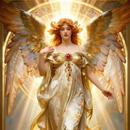 a beautiful orchid phoenix angel woman, in an ornamented dress with large wings, volumetric light, god rays, 8 k high resolution, rubies, by alphonse mucha, artgerm, greg rutkowski