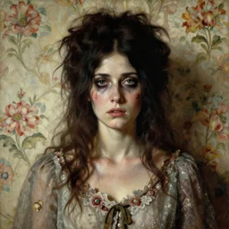 a beautiful and eerie baroque painting of a beautiful but serious woman in layers of fear, with haunted eyes and dark hair piled on her head, 1 9 7 0 s, seventies, floral wallpaper, wilted flowers, a little blood, morning light showing injuries, delicate embellishments, painterly, offset printing technique, art by brom, robert henri, walter popp