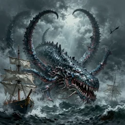thalassophobia mythological kraken the terrible, ihor reshetnikov rending multiple ships in a terrifying stormy sea trending on art station