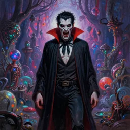 Horrifying vampire in a beautiful dmt multiverse, Ed Binkley matte painting, post-processing, fantasy , masterpiece , painting , vibrant colors