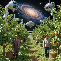 portrait of symmetrical friendly farmers, with detailed realistic smiling faces, harvesting an orchard on a space-station, with fruit trees, supported by advanced elegant machinery, near a galaxy, insanely detailed and biomechanical, golden ratio, elegant, streamlined, elite, lush, atmospheric, haunting, 30mm, cinematic, trending on cgsociety, unreal engine, 8k, vivid and vibrant