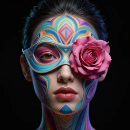 a pretty future woman face, skin as colorful geometric patterns, half masked by rose, intricate, symmetrical, volumetric dramatic light, dark black background, sharp focus, highly realistic, octane render