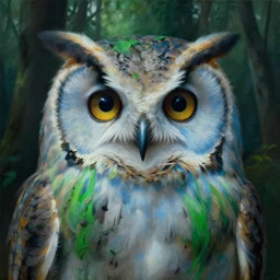 a close up portrait of a lonely woman and her massive owl, fine facial features, symmetrical, sad, blue skin, green hair, in a forrest, inspired by edward hopper and grand budapest hotel, high resolution, octane render, high detailed masterpiece painting