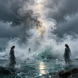 tumultuous coastal seascape, artificial consciousness, delirium, chaotic storm of twisting liquid smoke, by tom whalen, dan mumford, liam brazier, peter mohrbacher, shattered glass, bubbly underwater scenery, radiant light