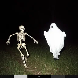 a skeleton chasing a ghost caught on trail cam, night vision