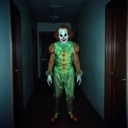 3 5 mm film photograph, long exposure, clown in the hallway, creepy, horror, macabre, bioluminescence