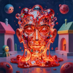 an extremely high quality hd surrealism painting of a 3d perspective neon complimentary-colors cartoon surrealism melting optical illusion sculpture gallery zaha hadid biological anatomical molten glass lava face by a much more skilled version of kandinskypicasso and salvia dali the fourth, salvador dali's much much much much more talented painter cousin, glowing, melting glass, molten, red hot, 8k, ultra realistic, very realistic, blood cells