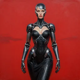 ultra realist intricate detailed painting of a single attractive cyborg female, red sky, full body in dress in frame, curvy, black scales on face and cyborg tech on body, symmetry accurate features, very intricate details, focus, high resolution, 4k, artstyle Alex Ries, award winning