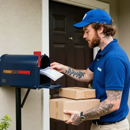 dslr photo still of post malone as a postal worker mailman putting letters in mailbox and delivering packages to door, 8 k, 8 5 mm f 1 6