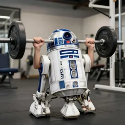 r2d2 lifting weights in gym, realistic