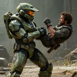 master chief from halo, teabagging his enemy