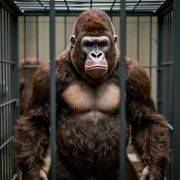 bald white man dressed in a gorilla suit in a cage