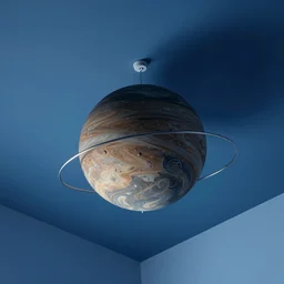 planet ceiling mobile hanging from a blue room as seen from a low perspective, ray tracing