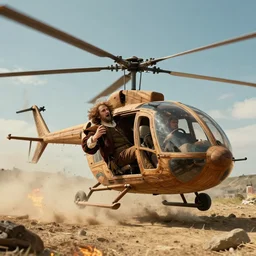Colored 4k movie scene of Leonardo Da Vinci crashinh on the ground on a wooden helicopter prototype. Film scene. Dust. Flames. Leonardo Da vinci in panic. Great light. Sunny day.