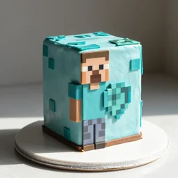 minecraft diamond block made out of cake, professional food photography, sunlight,