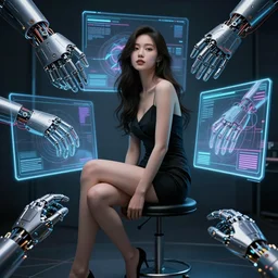 beauty woman being sitting on a stool, surrounded by holograms, very detailed, dramatic lighting, detailed mechanical hands, electrical details, high details, 4k, 8k, trending on artstation, by Hajime Sorayama and Boris Vallejo