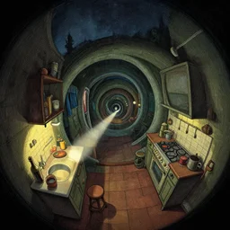 spiral lines, naive nerikomi, weird perspective, extra narrow, detailed illustration of a kitchen dim lit by flashlight in a scenic spiral environment by rhads from lorax movie, trending artstation, true color, fisheye, gaudi