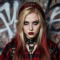 highly detailed closeup portrait of a sewer punk swedish female mage student, tartan garment, blonde hair with headband by atey ghailan, by greg rutkowski, by greg tocchini, by james gilleard, by joe fenton, by kaethe butcher, gradient red, black, brown and white color scheme, grunge aesthetic!!! white graffiti tag wall background