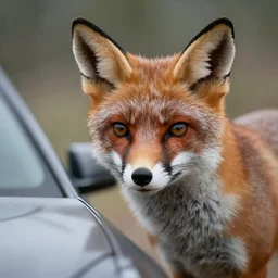 “High detailed fox portrait stare at a fantasy car”
