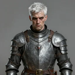 portrait painting of a cocky man with short white hair wearing grey pelt gambeson, ultra realistic, concept art, intricate details, eerie, highly detailed, photorealistic, octane render, 8 k, unreal engine. art by artgerm and greg rutkowski and charlie bowater and magali villeneuve and alphonse mucha
