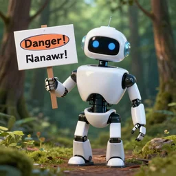 a robot in a foreat holding a sign that reads: Danger!
