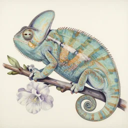 chameleon and flowers. decal by award - winning mangaka, intricate details, heavily stylized, muted palette, oil painting