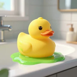 rubber duck made of green slime melting on a bathroom, unreal engine 5, excellent composition, trending on artstation, million of likes, ray tracing, natural lighting