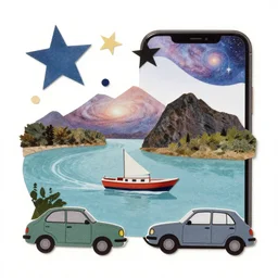 river stars galaxy boat mountain phone car, collage artwork, mid-century modern, made of random shapes cut from magazines