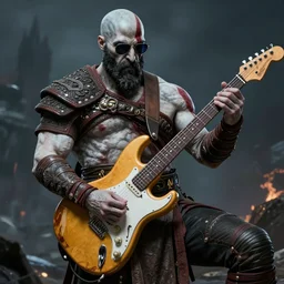kratos rocking out on a stratocaster guitar, cinematic render, god of war 2 0 1 8, playstation studios official media, sunglasses
