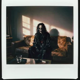 cursed polaroid photograph of a creepy soul in the living room