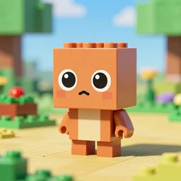 tiny creature made of one brick, big cute eyes, cute looking, kawaii, shallow depth of field, character, game concept art, standing in lego environment, blocky, lego mixels inspired, pokemon inspired, flat colors like katamari damacy, blocky like minecraft, promotional image, 3 d rendering, octane render