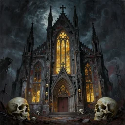 a painting of an abandoned gothic!! church glowing skulls, art deco, a matte painting by kilian eng, horror art, trending on cgsociety, gothic art, anime aesthetic, apocalypse art, official art