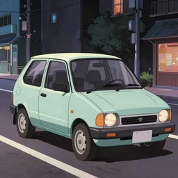 1990 Geo Metro, city in anime cyberpunk style by Hayao Miyazaki