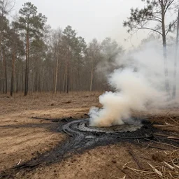 oil spill with a dry forest, dirt, fog advertising photography