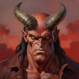 breathtaking soft painting of angry hellboy with huge horns in a bloody sky, realistic symmetrical face features, rembrandt style, elegant, highly detailed, artstation, concept art, matte, sharp focus, art by tom bagshaw, and greg rutkowski