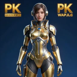 female character / space traveller / proportional figure / delicate features, alluring / cyberpunk armor, navigator gear / gold and platin plated / dark blue background / poster style, ultra realistic / ultra detailed, volumetric light. unreal engine, 8 k