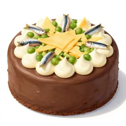 chocolate cake with egg, cheese, sardines, green beans, and mayonnaise toppings