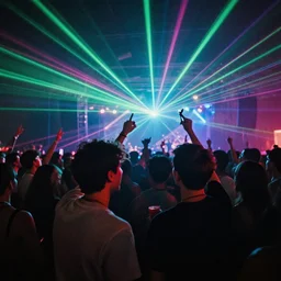 two friends partying at a concert in a crowd and lasers, surrealism