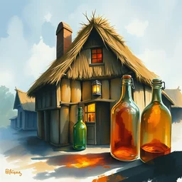 paint brush strokes, abstract watercolor painting of western viking town, straw roof, transparent glass bottles, reflective copper, cinematic light, american romanticism by hans dahl, by jesper ejsing, by anders zorn, by greg rutkowski, by greg manchess, by tyler edlin