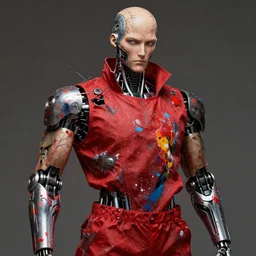 hyper - realistic portrait a robot made of red fabric clothes, human skin, metallic parts, veins and muscle, splashes of color paint, celshading, sharp focus, intricate, detailed, by rhads, andreas rocha, makoto shinkai, lois van baarle, ilya kuvshinov and greg rutkowski, by greg rutkowski, dynamic lighting, sharp focus, grunge