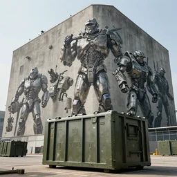 a gigantic brutalist building hard surface military hardware, military storage crate, shipping yard, maschinen krieger, ilm, beeple, star citizen halo, edge of tomorrow, mass effect, transformers, elysium