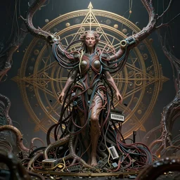 a centered render of an goddess entangled in an alien bio - organic landscape adorned with cables and synthesizer parts is surrounded by sacred geometry, bio - mech tree roots, powerful, cinematic, beautifully lit, by artgerm, by h. r. giger, 3 d, trending on artstation, octane render, 8 k
