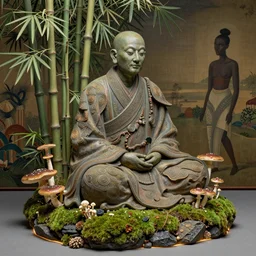 ancient japanese monk, by kiki smith, by maria sibylla merian, by wangechi mutu, chinese painting, concept art, third - person, 3 - dimensional, 1 6 k, rim lights, moss, bamboo, mushrooms, mycelium, mycena acicula, tremella - fuciformis, insanely detailed and intricate, hypermaximalist, elegant, ornate, hyper realistic, super detailed
