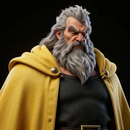 a hyper detailed realistic 3d render of a angry old beared king, wearing a black shirt and yellow cape,8k resolution beautifully detailed,rendered by octane,subsurface scattering, black background, cinematic lighting, ray trace, post processing by Craig Mullins and Hiroshi Yoshida