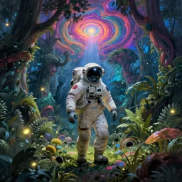 digital art of a surreal jungle, astronaut walking, psychedelic sky, mysterious crazy world, raining at night, fireflies