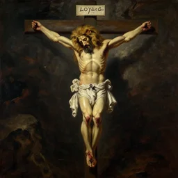 oversized muscular lion as  crucified christ the lord human bloody legs full body portrait pose , very textured detailed oil painting by rembrandt , hard backlight , in dark cave
