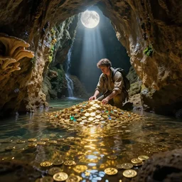 adventurer archeologist, inside the wishing well cavern, piles of gold coins, refractive jewels, shallow water, gold refractions off water, moonlight beam from above illuminates cavern, reflective clean water on cavefloor, slick wet walls, soft glow fungi, small flowing stream from wall, lichen patches, gold dappled lighting, movie poster painting